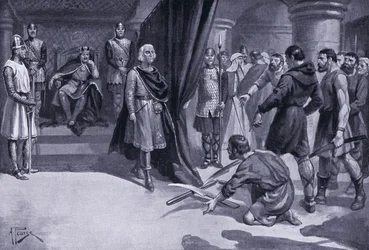 Bauern werfen ihre Pflugscharen zu Füßen von Heinrich I., 1920er